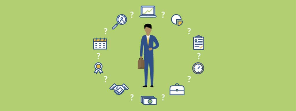 Illustration of a businessperson surrounded by icons including a calendar, handshake, money, clock, pie chart, laptop, clipboard, and question marks on a green background.