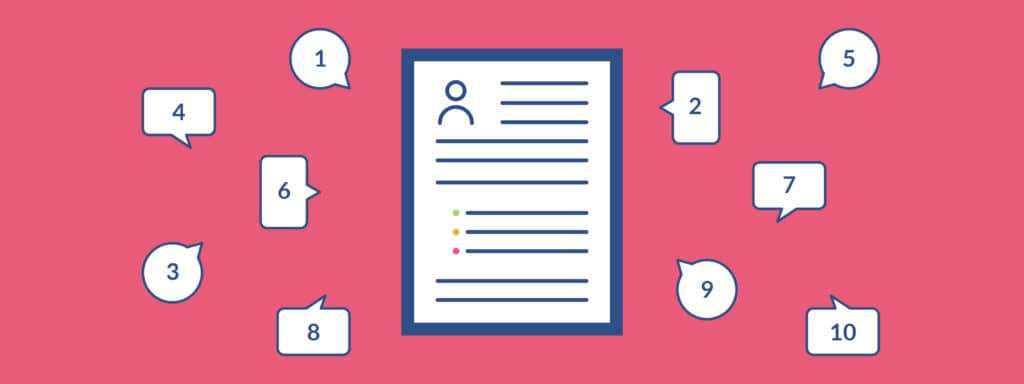 Illustration of a resume at the center with numbered speech bubbles from 1 to 10 surrounding it, on a pink background, representing steps or tips for writing a resume.