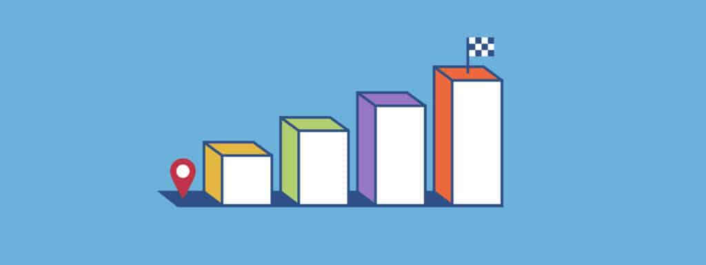 A colorful bar graph with four ascending bars, starting with a location pin at the lowest bar and a checkered flag on the tallest bar, symbolizing progress and achievement, on a blue background.
