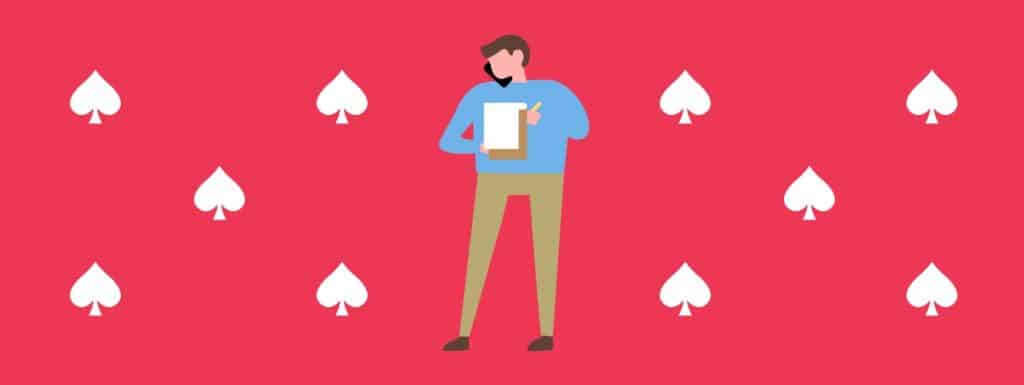 Illustration of a person holding a notepad and pen, standing against a red background decorated with white spade symbols.