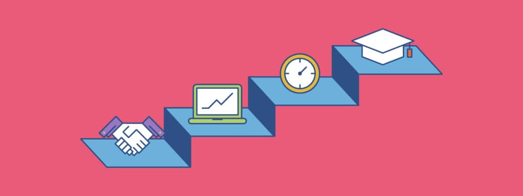 Illustration of four floating steps with icons: handshake, laptop with graph, clock, and graduation cap, symbolizing progress or stages of achievement, on a pink background.