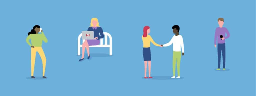 Illustration of four people: one talking on the phone, one sitting with a laptop, two shaking hands, and one holding a smartphone, all on a blue background.