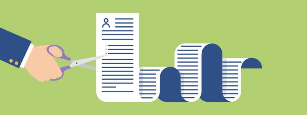 A hand holding scissors trims a long resume, symbolizing reducing or shortening a CV, against a green background.