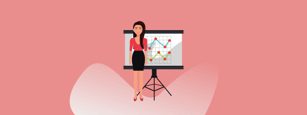 Illustration of a woman standing in front of a presentation board with colorful line graphs and dots, set against a pink background.