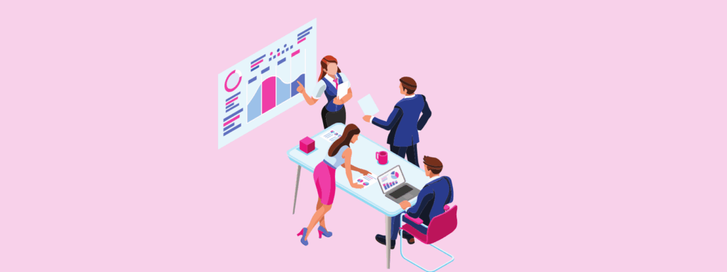 An illustration of four businesspeople in an office, discussing charts and graphs shown on a wall display; two are seated at a table with laptops and papers, while two stand, all on a pink background.