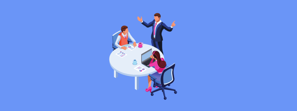 An illustration of three people in business attire at a round table, with documents, coffee cups, and a laptop. One person stands speaking, while two others sit and listen. The background is light blue.