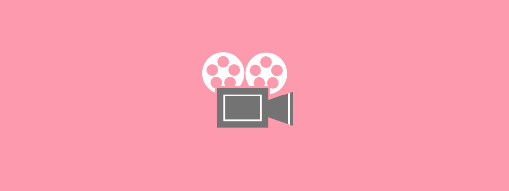 A graphic of a vintage film camera with two reels, depicted in gray and white, centered on a solid pink background.